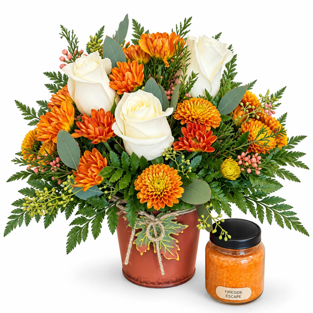 Orange and white flower arrangement in a metal pot with a candle jar beside it