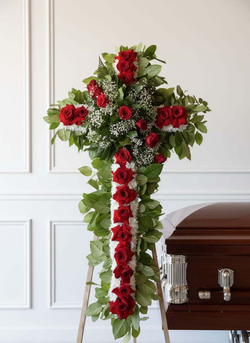 Red rose funeral cross arrangement on an easel beside a casket