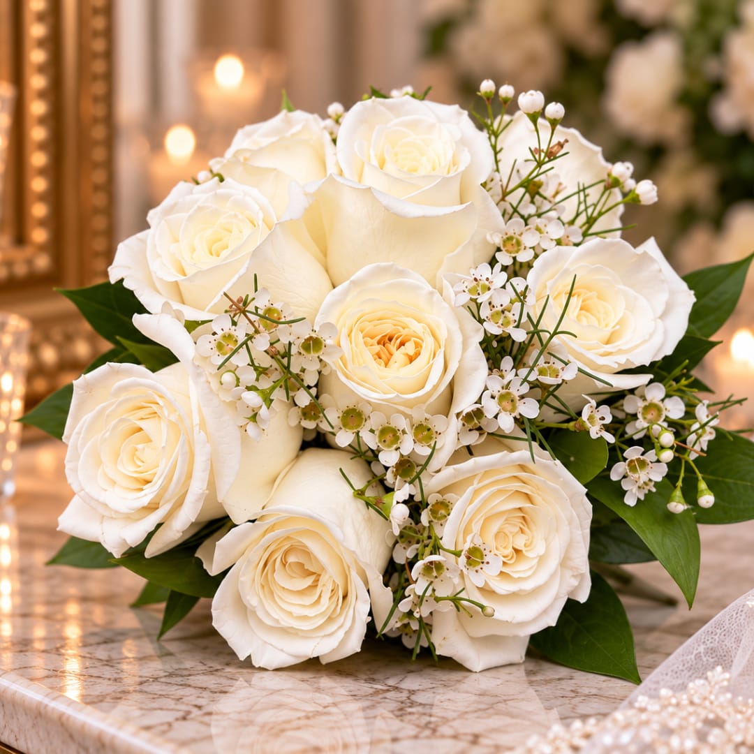 White rose bouquet with small white filler flowers
