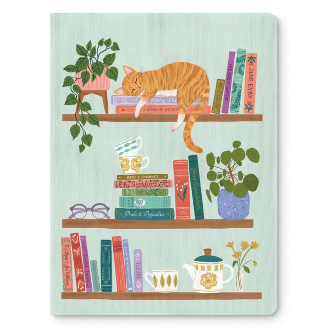 Illustrated cat sleeping on books beside potted plants and teacups