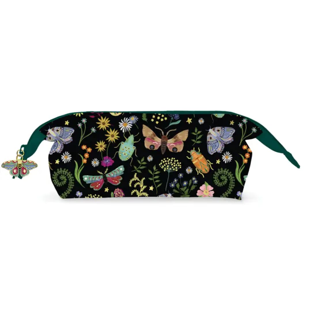 Butterfly-patterned zip pouch with a teal zipper pull