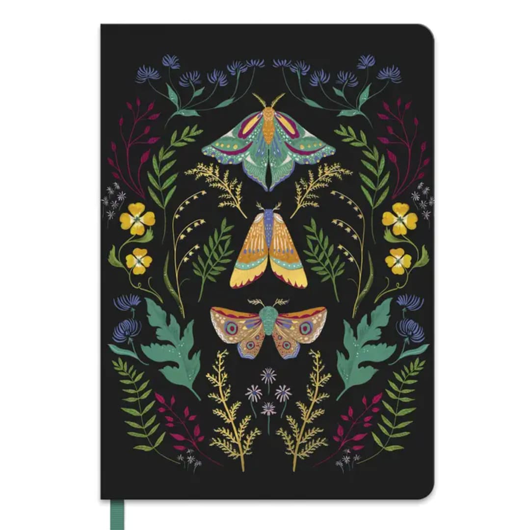 Black notebook with colorful moth and floral illustrations on the cover