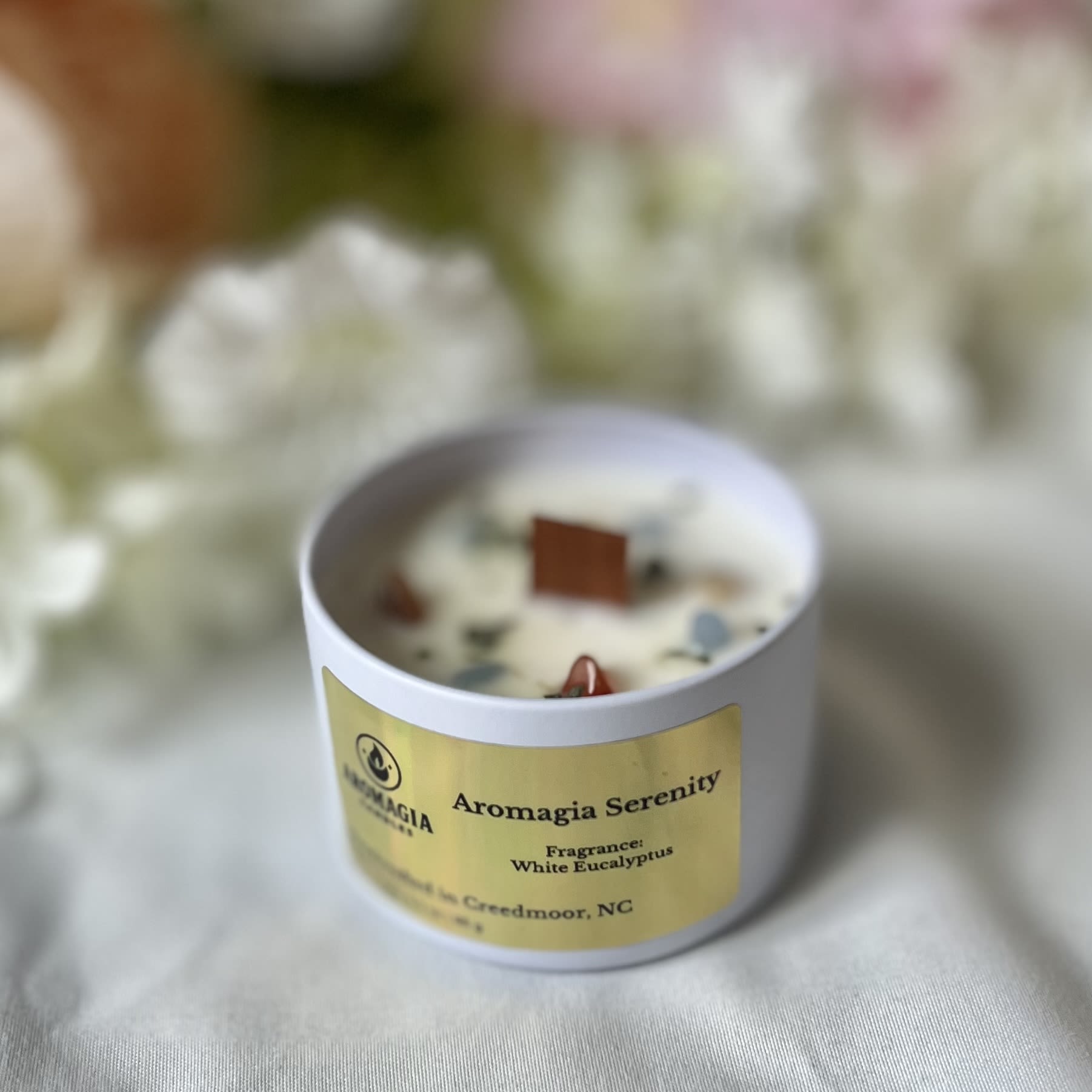 White Eucalyptus Woodwick Candle - One woodwick candle scented as white eucalyptus. Choose between standard 3.3oz or deluxe 6oz. 