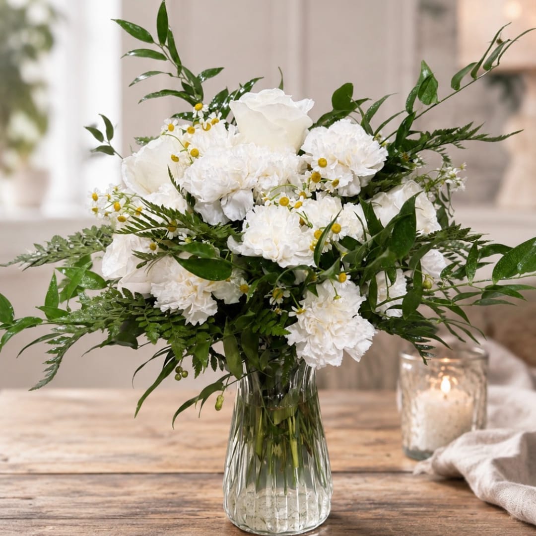 White floral bouquet in a clear glass vase on a wooden table