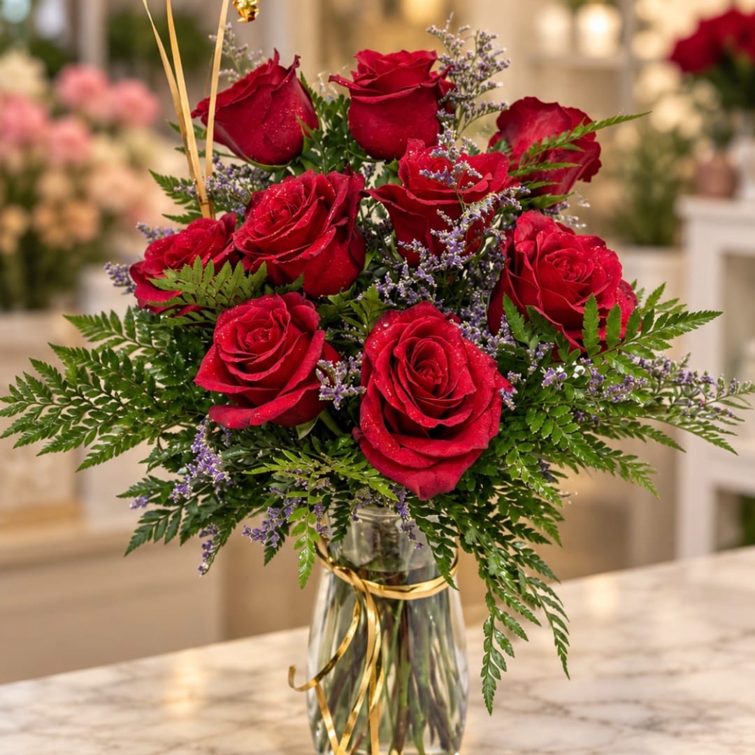 Red roses arranged in a clear glass vase with purple filler flowers