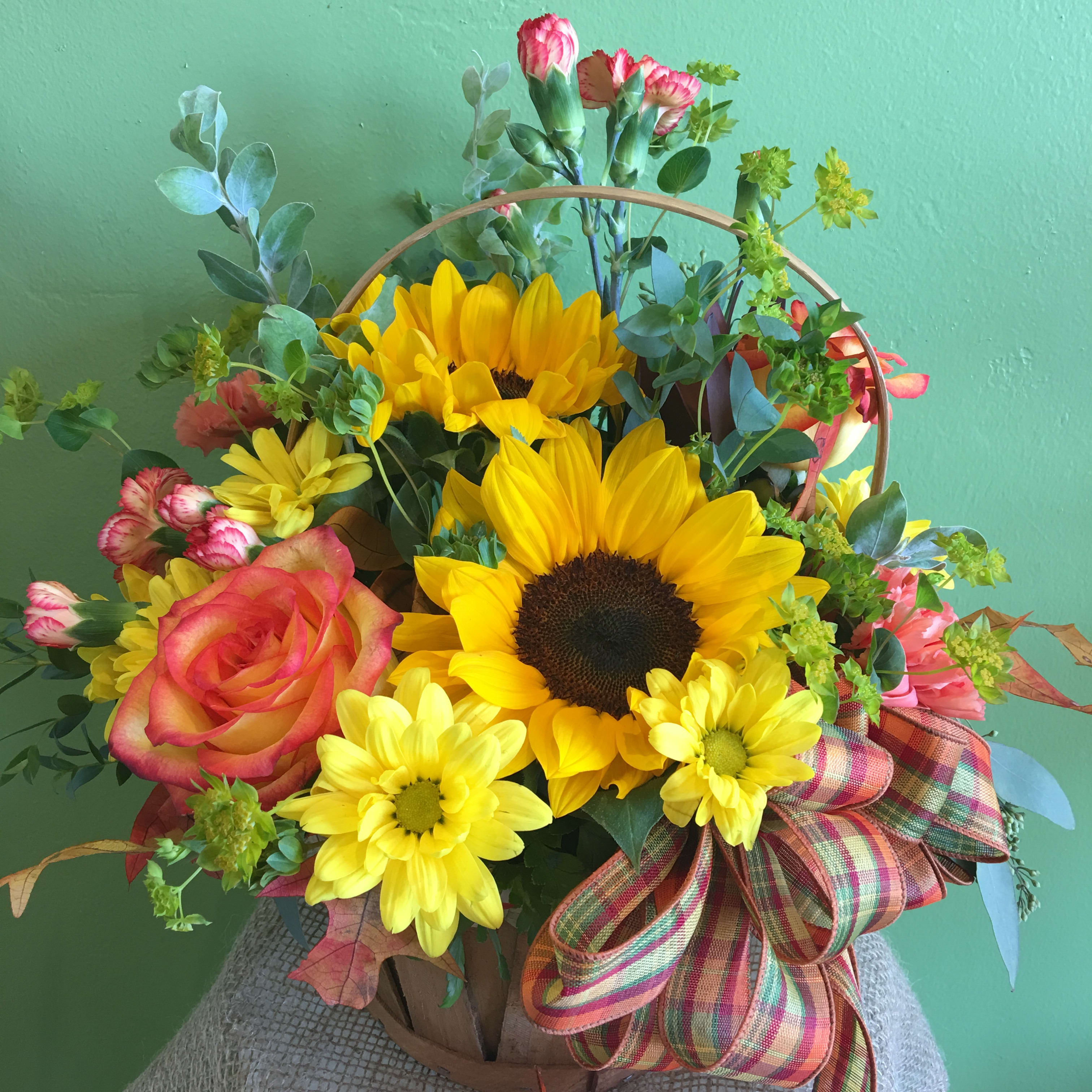 Basket arrangement with sunflowers, roses, and daisies tied with a plaid ribbon