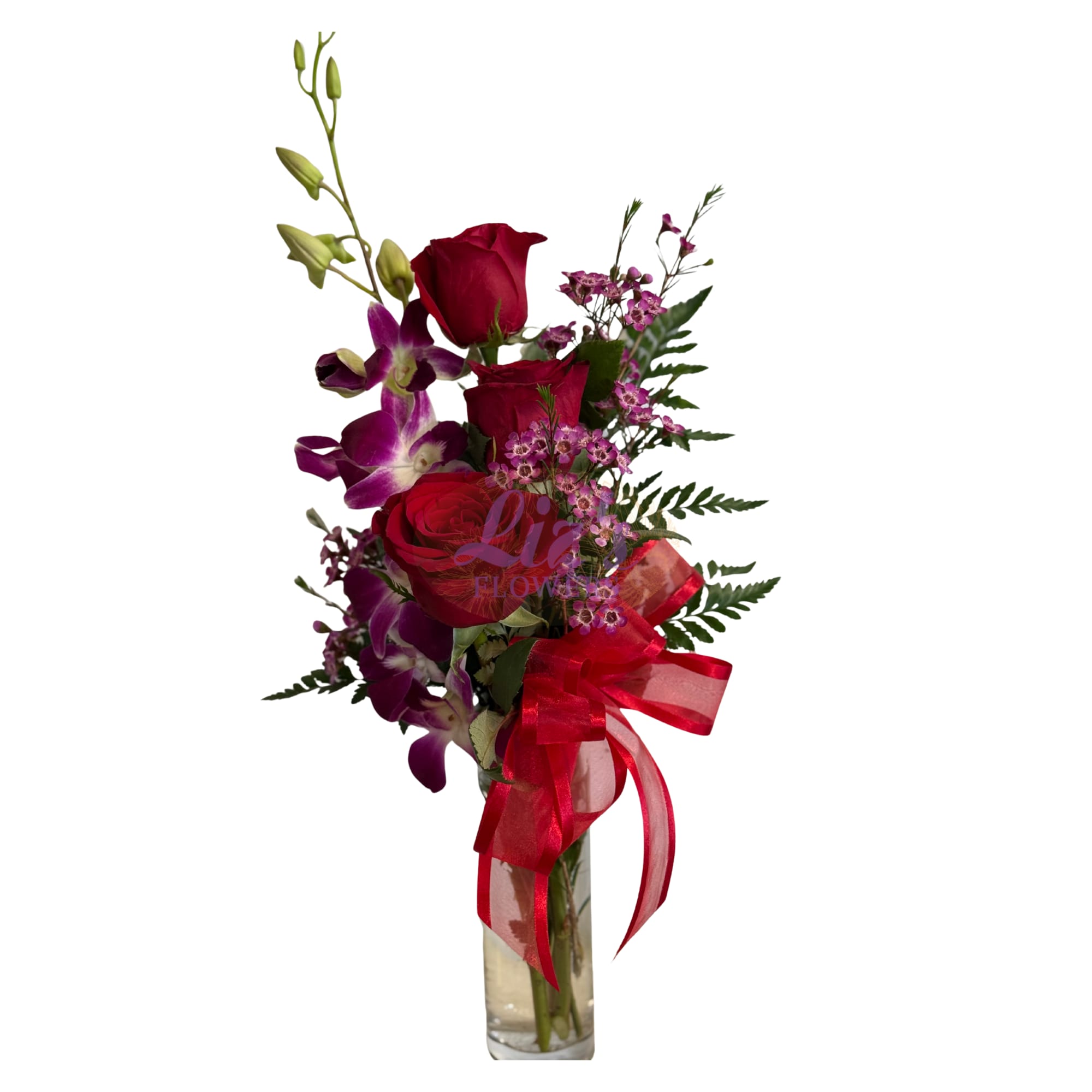 Love &amp; Orchid Jewel - Bud vase arrangement--three red roses and purple orchid