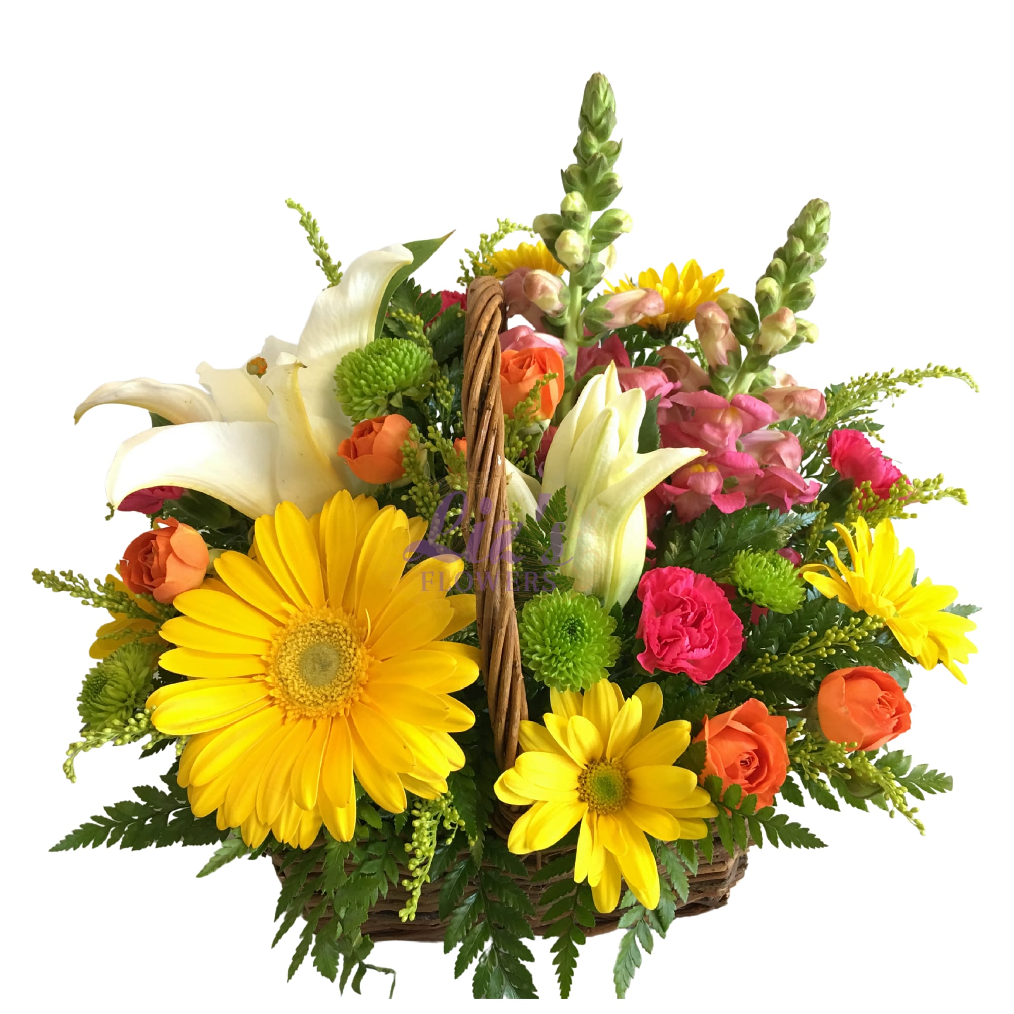 Basket arrangement with yellow daisies, white calla lilies, and mixed blooms