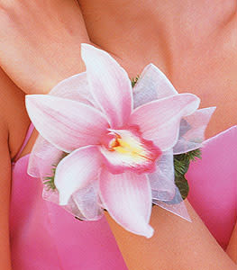 Pink orchid corsage on a wrist with a sheer ribbon