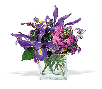 Purple and pink mixed bouquet in a clear glass vase