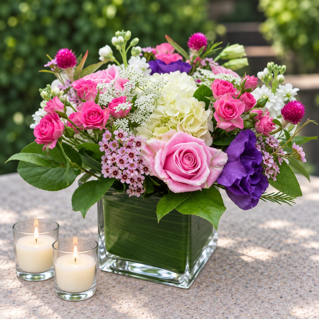 Pink and purple mixed bouquet in a square glass vase with two candles nearby