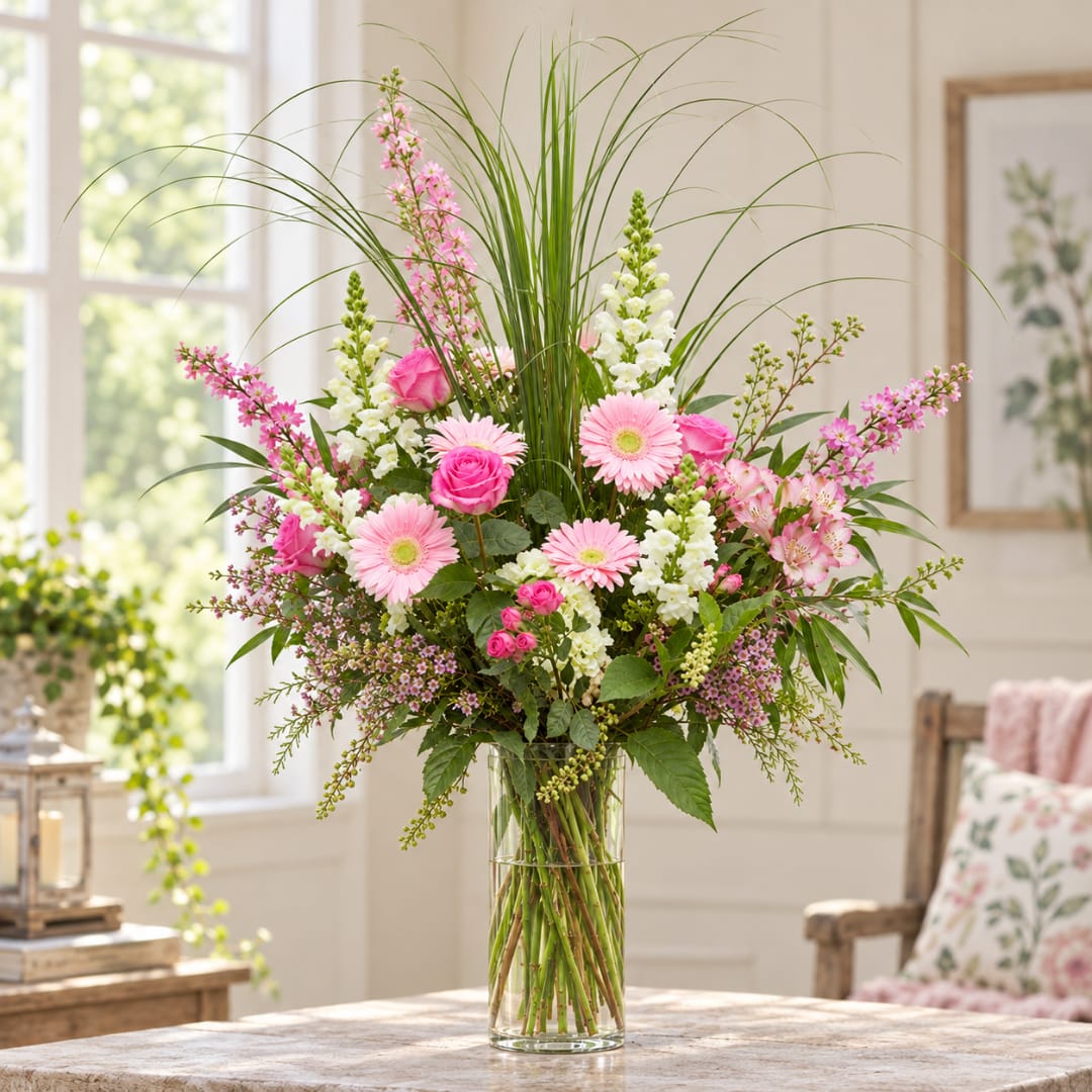 Pink and white mixed bouquet in a clear glass vase