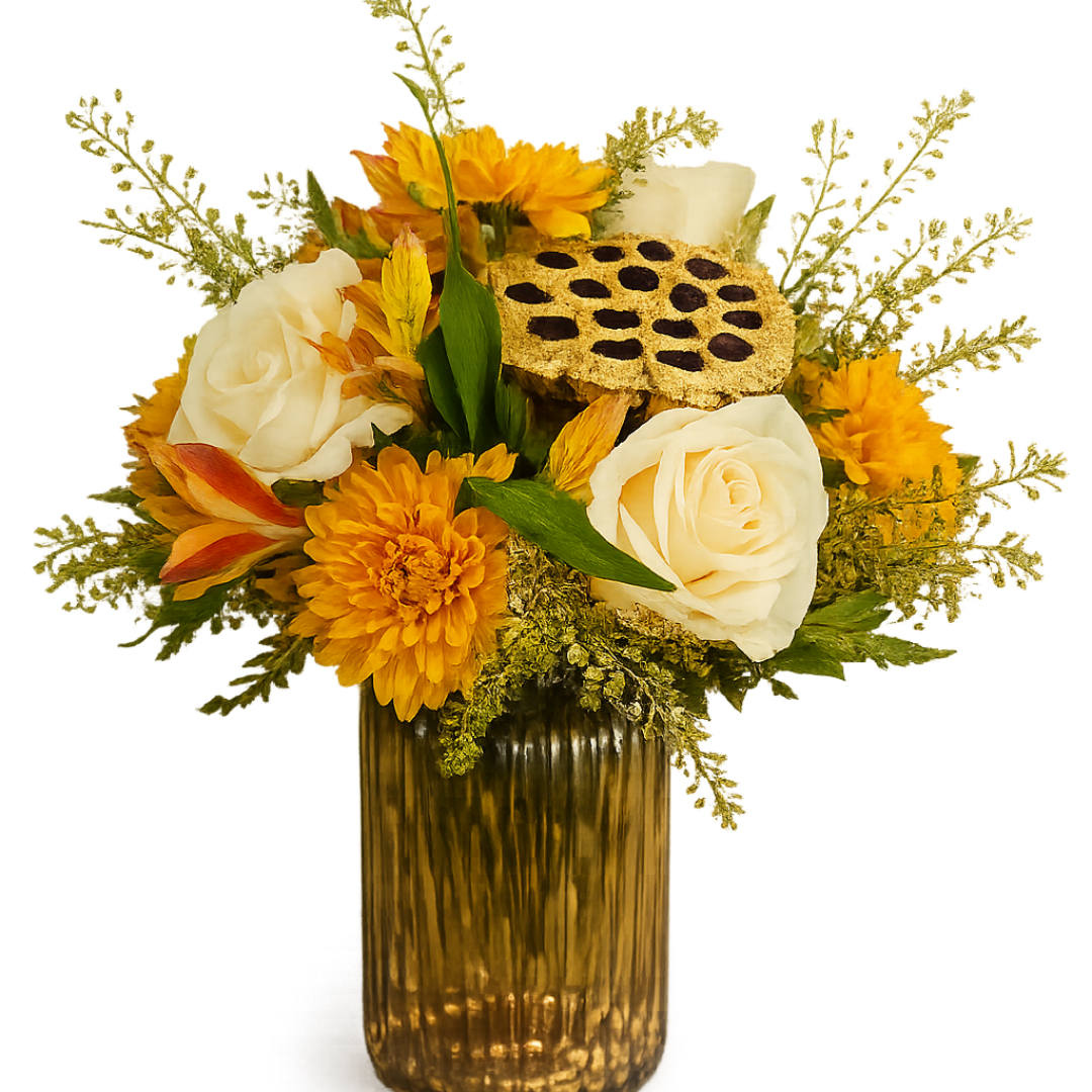 Yellow and white floral arrangement in a ribbed glass vase