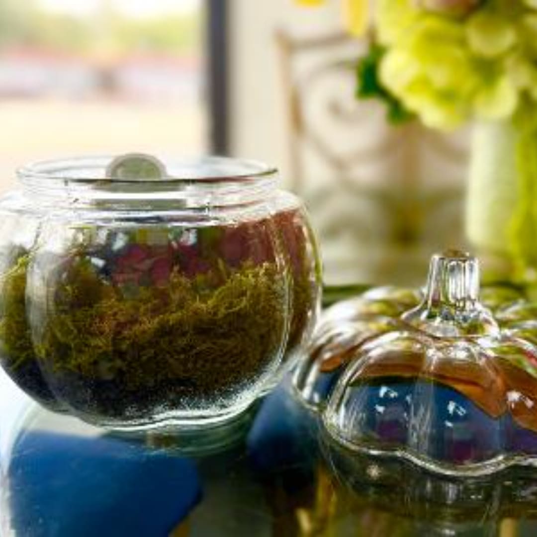 Glass pumpkin jars with moss and flowers inside