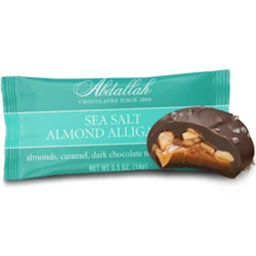 Sea salt almond toffee chocolate bar in teal wrapper
