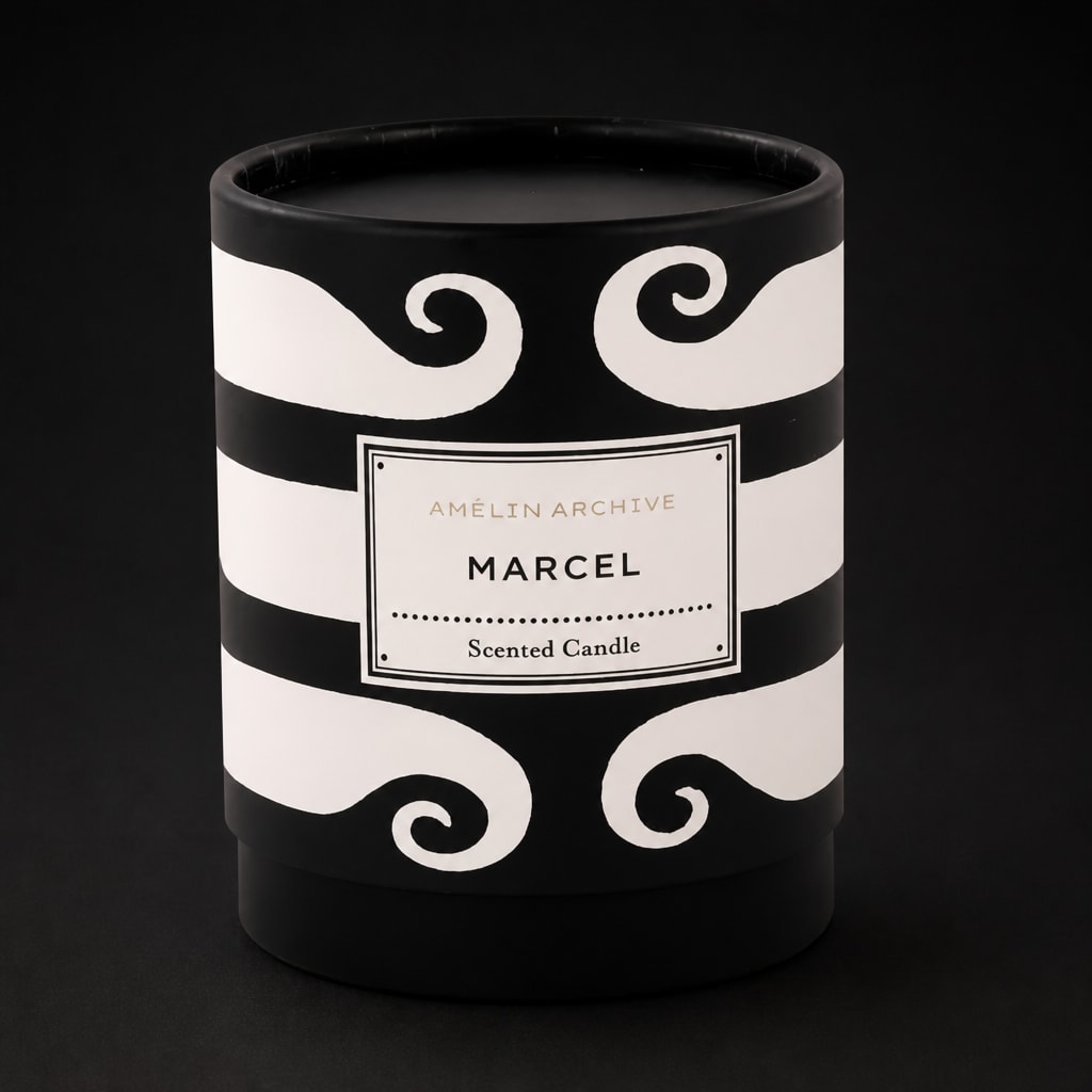 Black and white scented candle in a decorative container