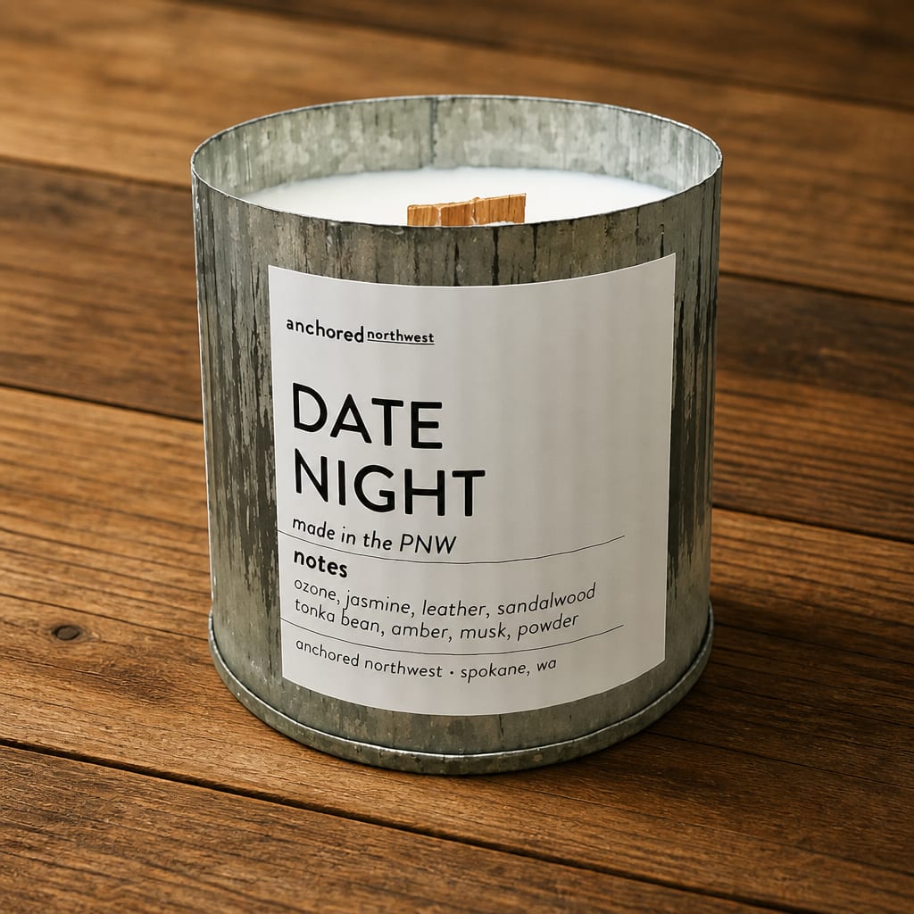 Scented candle in a metal tin on a wooden surface