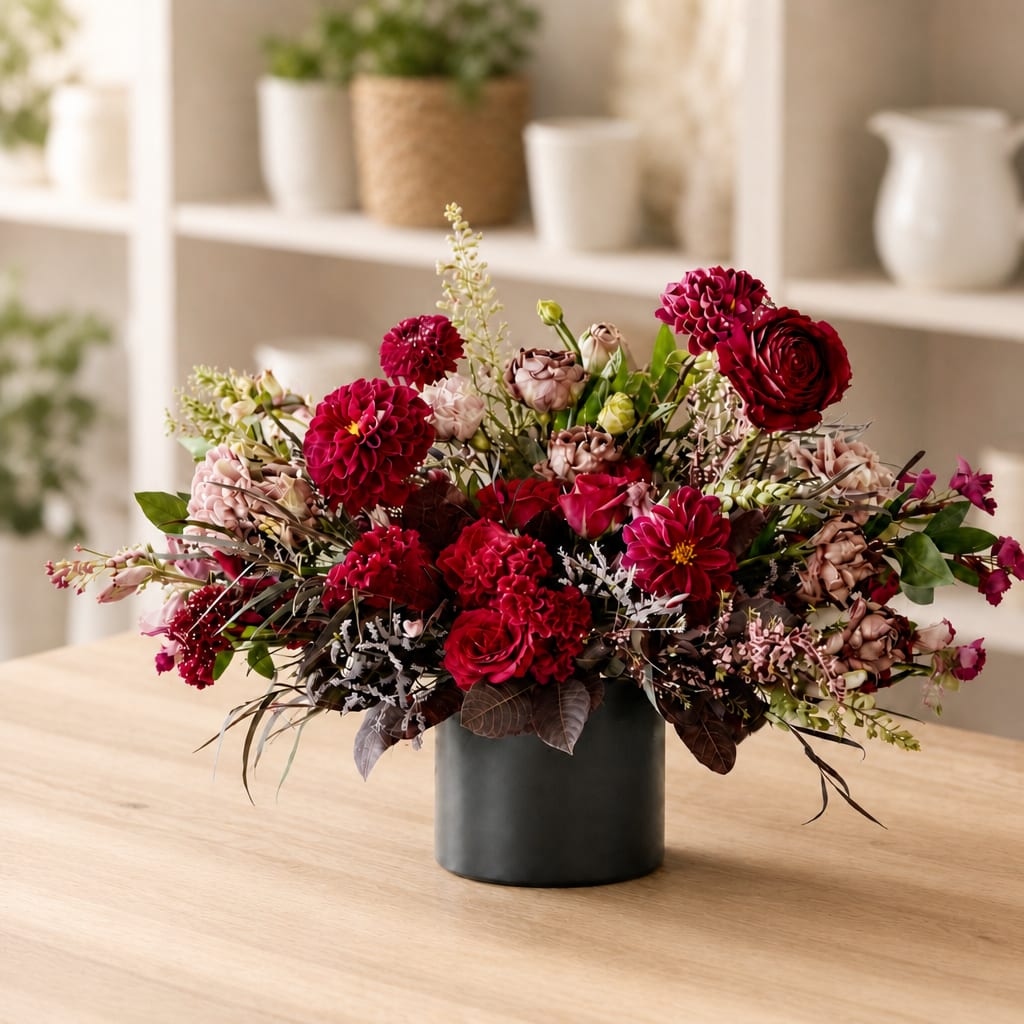 Red and pink floral arrangement in a black vase on a table