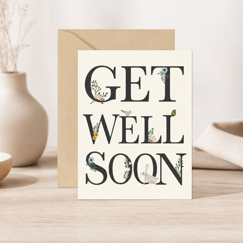 Greeting card reading "GET WELL SOON" with floral accents and a rabbit illustration
