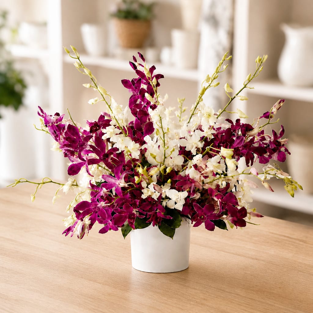 Purple and white orchid arrangement in a white pot on a table