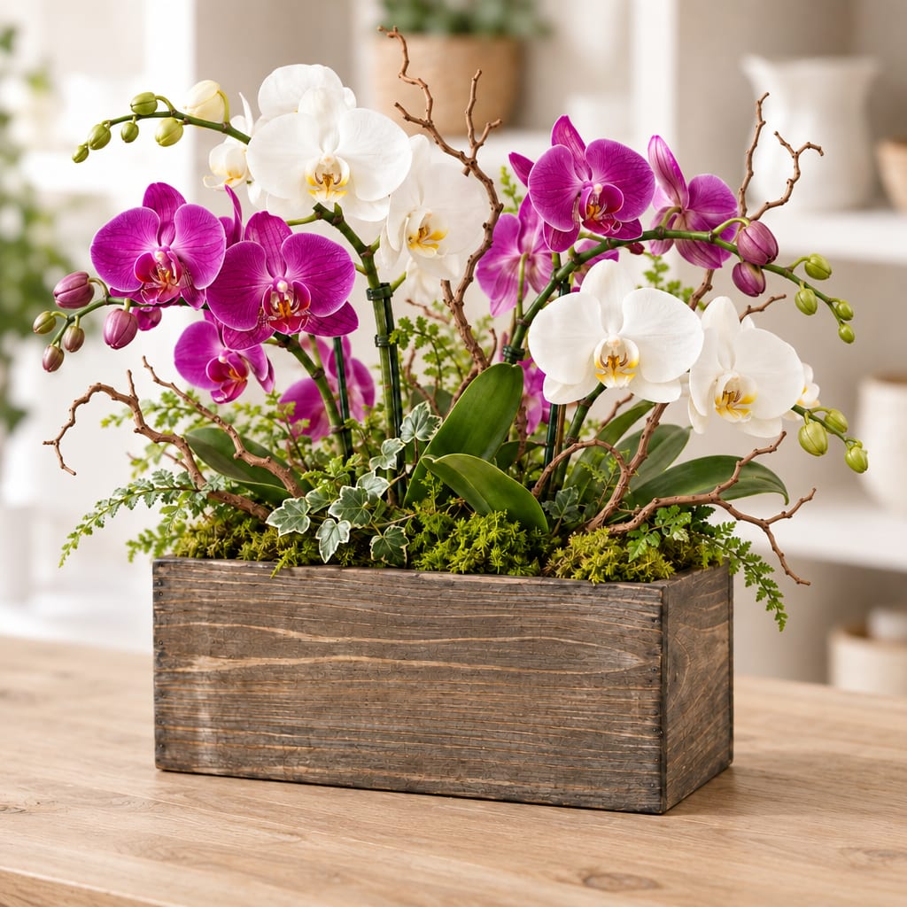 Orchid arrangement in a rustic wooden box with white and magenta blooms