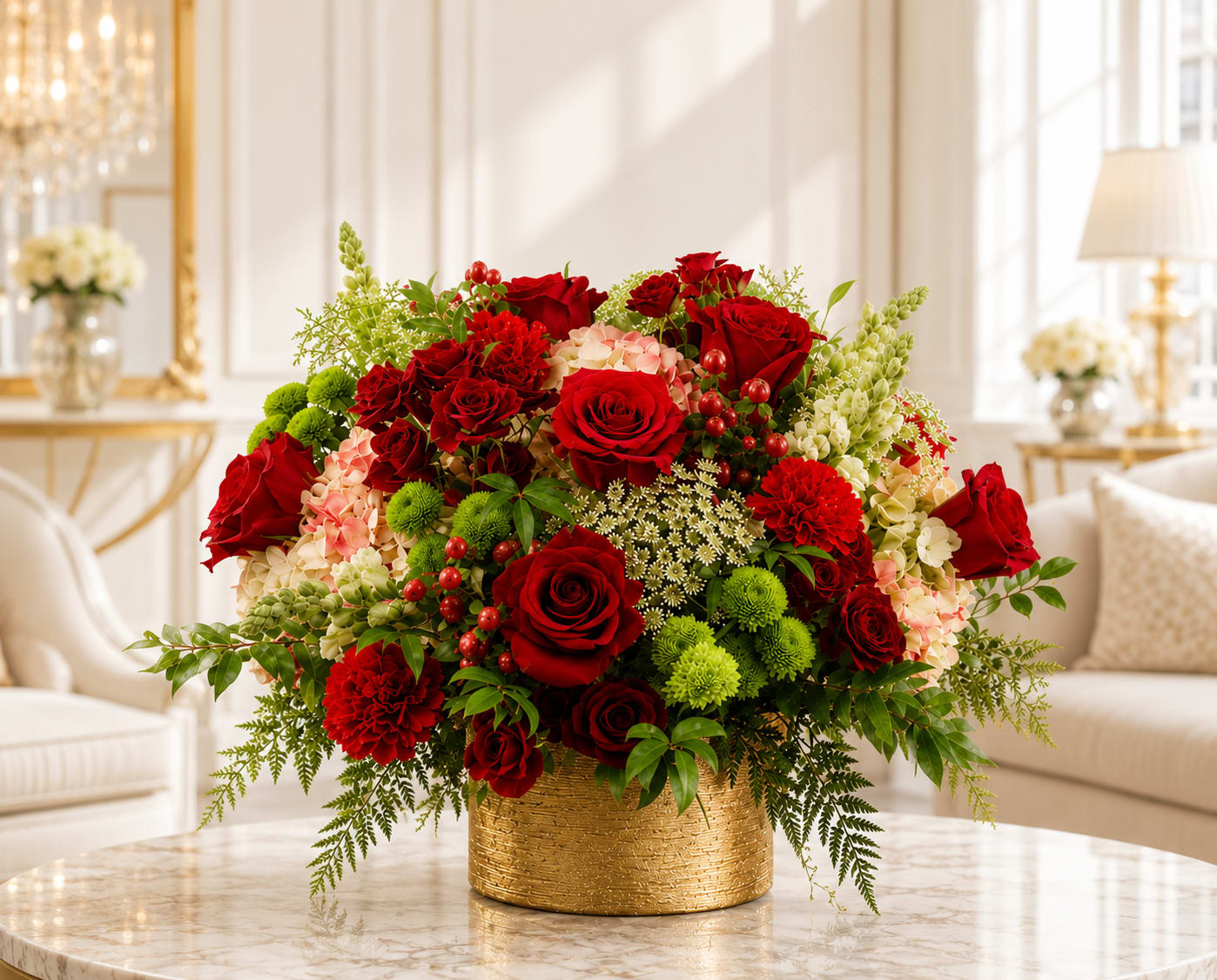 Red roses and mixed flowers arranged in a gold vase