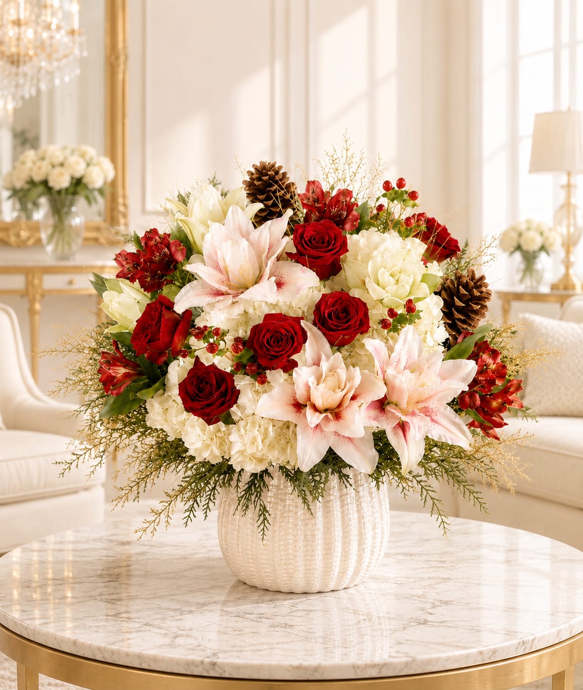 Red roses and pale lilies in a white vase with pinecones and berries