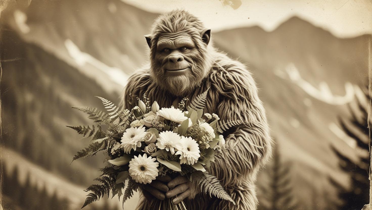 A furry creature holds a bouquet of white flowers