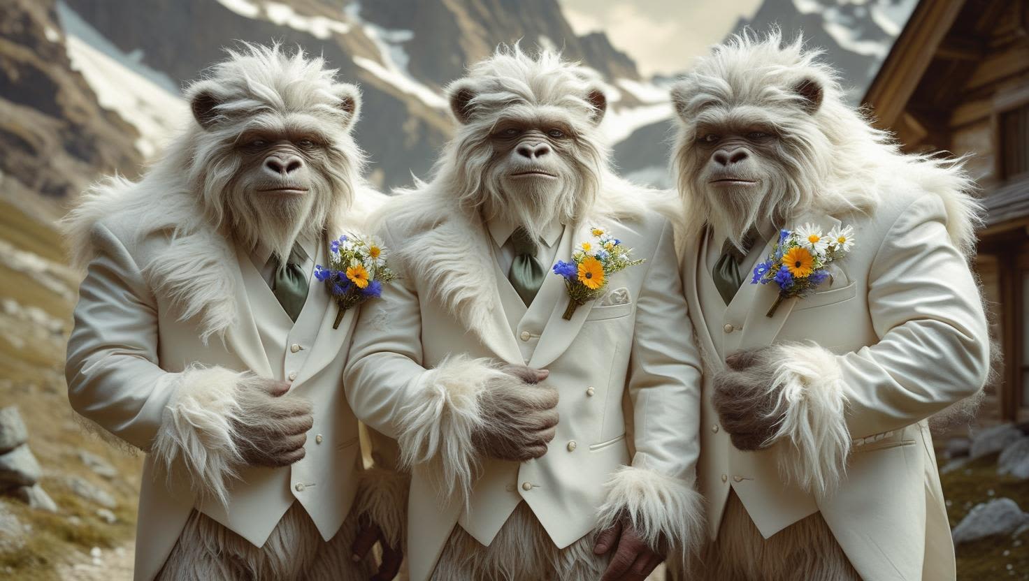 Three white-furred apes in cream suits with small floral boutonnieres.