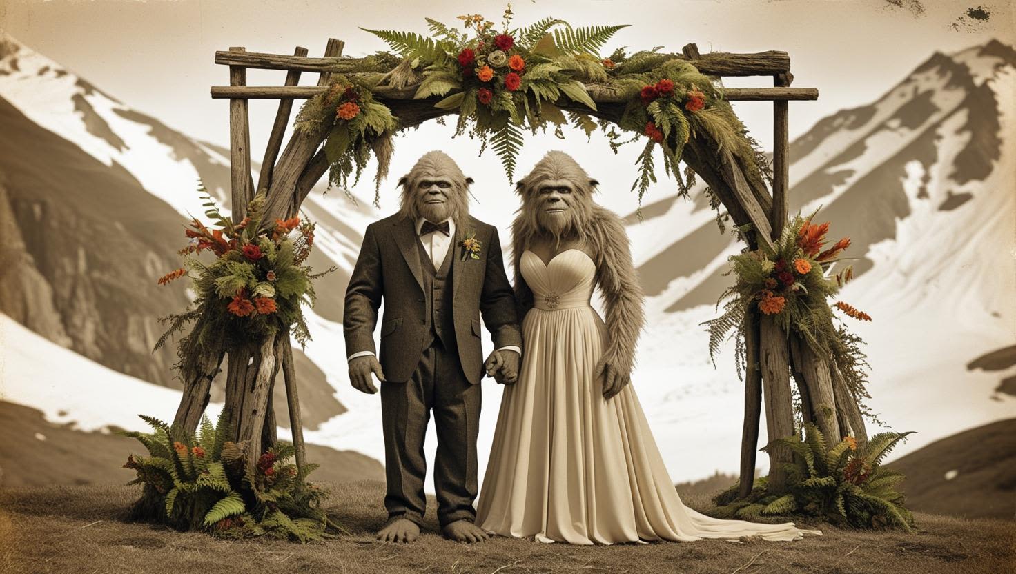 Two ape-like figures in formal attire stand under a floral arch in a snowy mountain scene.