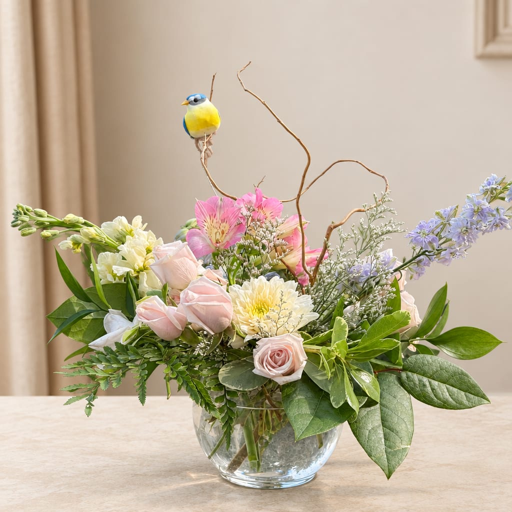Pastel flower arrangement in a clear glass vase with a small bird ornament
