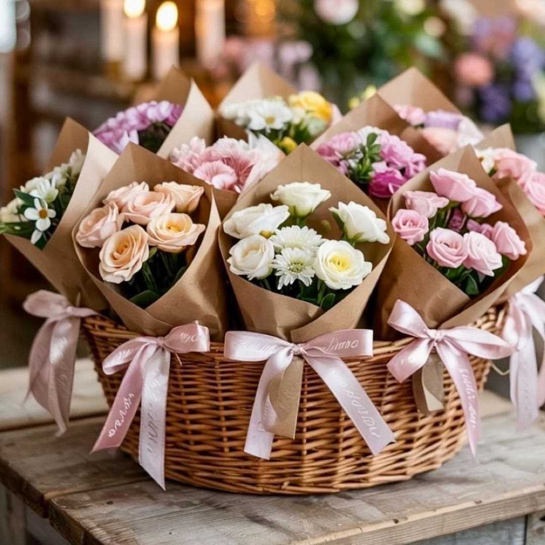 Basket of small wrapped flower bouquets in pink, white, and peach