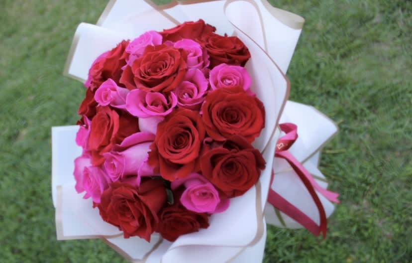 Bouquet of red and pink roses wrapped in white paper