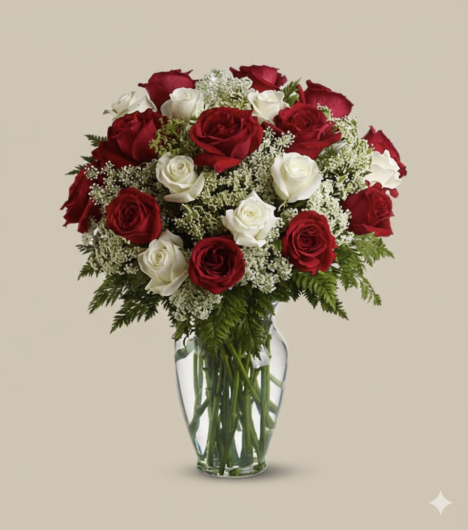Red and white roses arranged in a clear glass vase