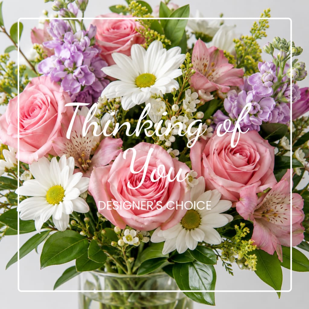 Gift card with a pink and white flower bouquet and "Thinking of You" text