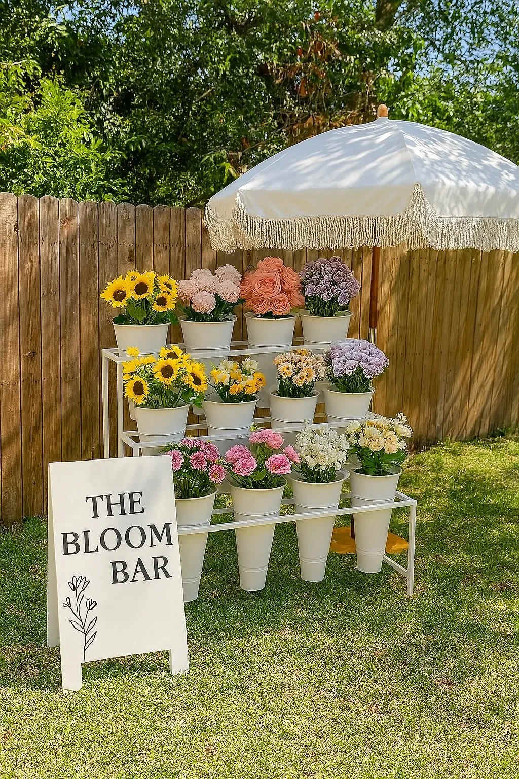 Rent a Bloom Bar for your celebration  - Bloom Bar by May Crazy Bloom   English  Create a beautiful and interactive floral experience for your guests.  Package Includes  * Bloom Bar stand * Buckets and complete setup * Mixed fresh flowers * Setup and breakdown  Flowers Included  * Roses * Carnations * Daisies * Baby’s Breath (Gypsophila) * Leather Fern * Ruscus * Chrysanthemums  If premium or specific flowers are requested (such as peonies, ranunculus, hydrangeas, tulips, orchids, lilies, anemones, etc.), pricing may vary based on flower selection and seasonal availability. Refundable Security Deposit A $200 refundable security deposit is required. The deposit will be fully refunded once the Bloom Bar stand and all rental items are returned in the same condition in which they were delivered.   