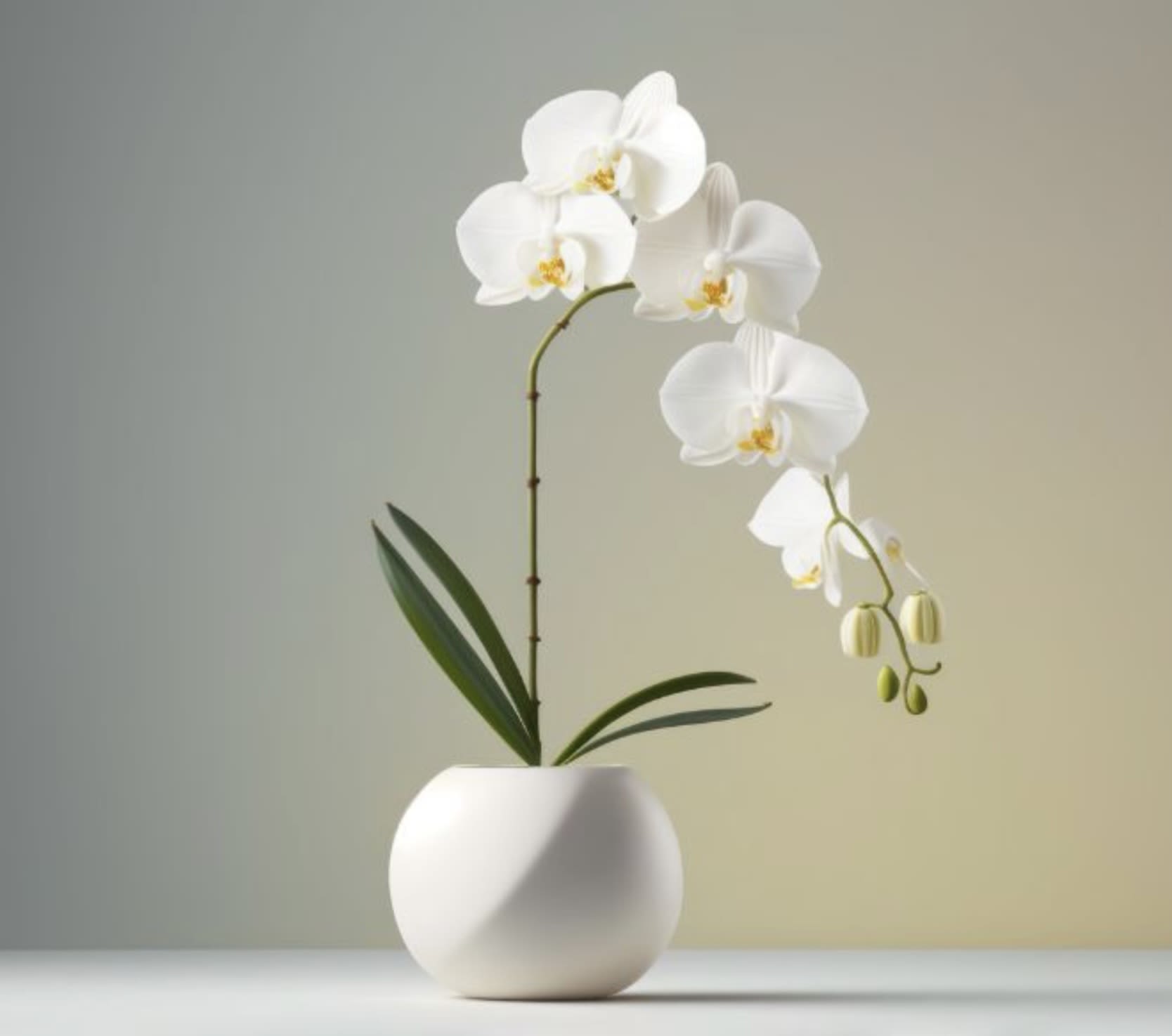 White orchid in a white pot with a curved stem