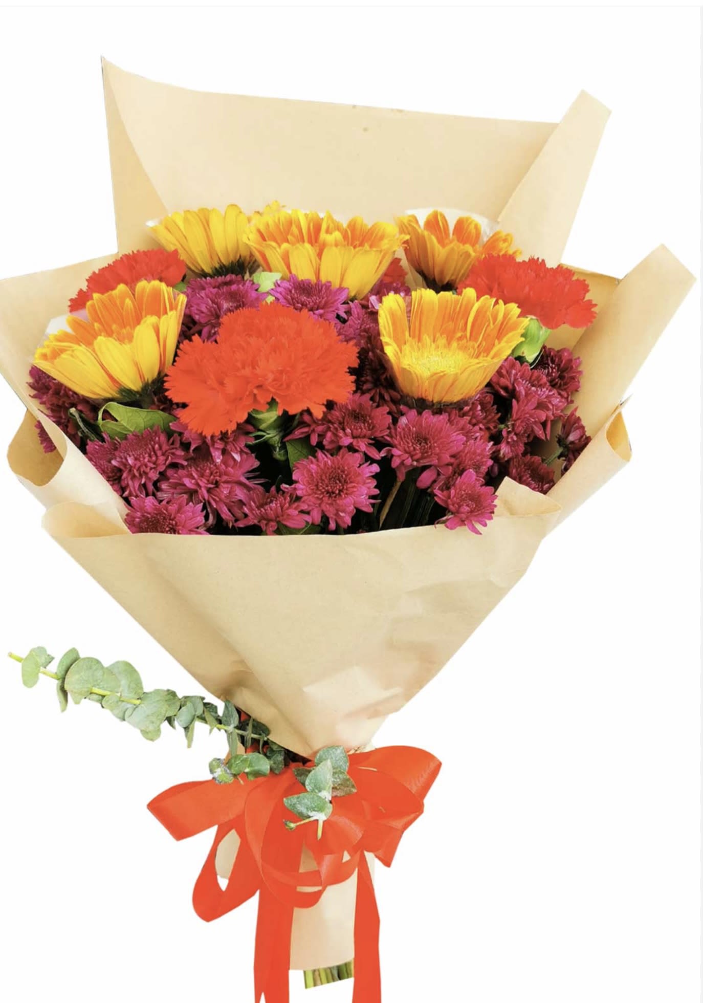 Bouquet of yellow, orange, and magenta flowers wrapped in tan paper with a red ribbon