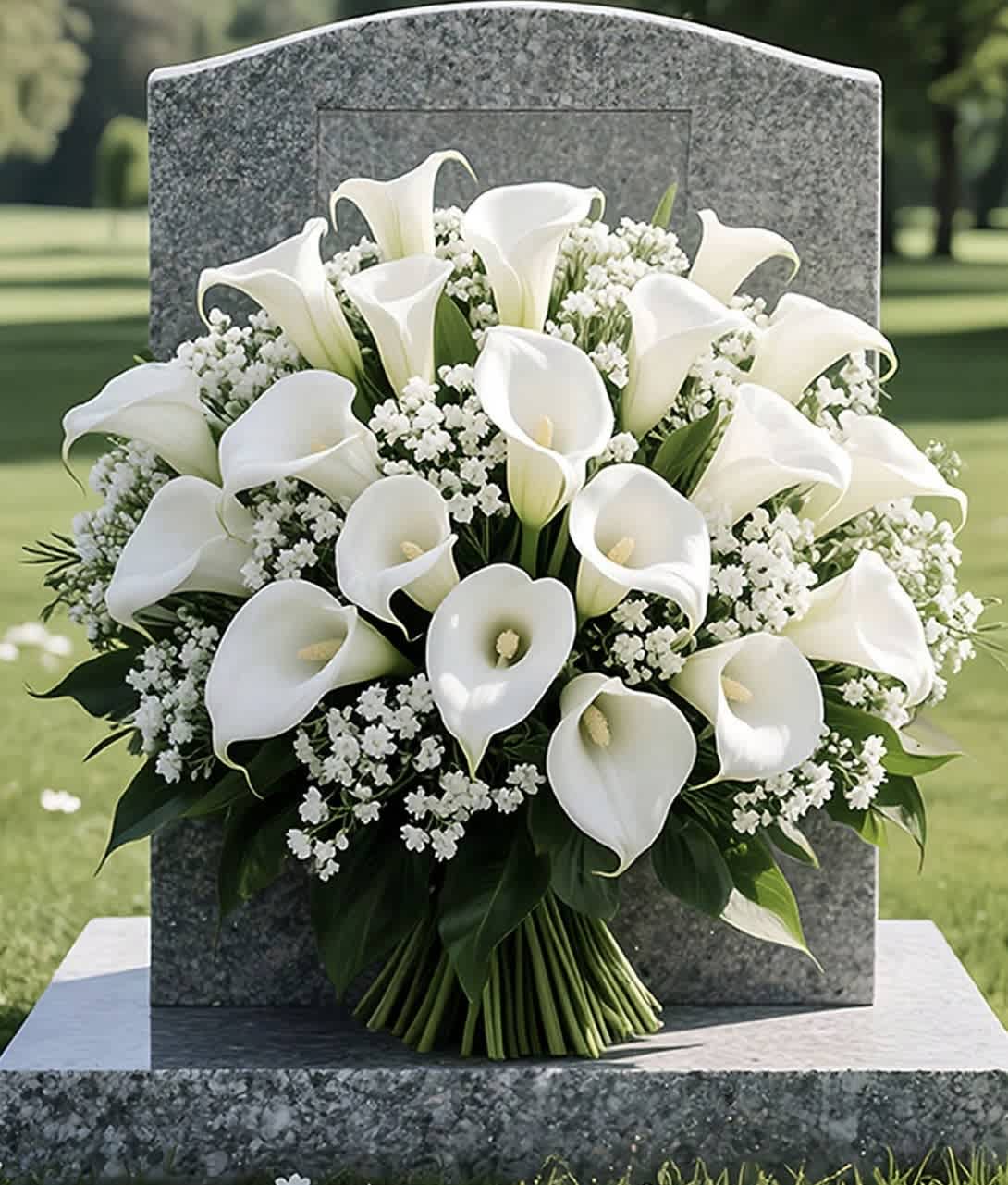 White calla lily funeral spray with baby's breath on a gravestone