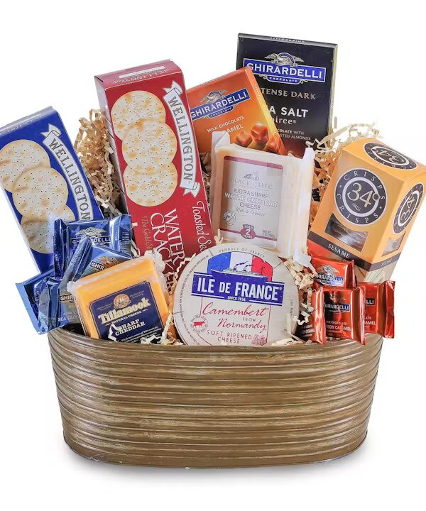 CHEESE AND CRACKER DELIGHT-24 Hour Notice - A great variety of favorite cheese, spreads, sausage and crackers, with a touch of sweets, that will make a perfect gift. Container may vary.   