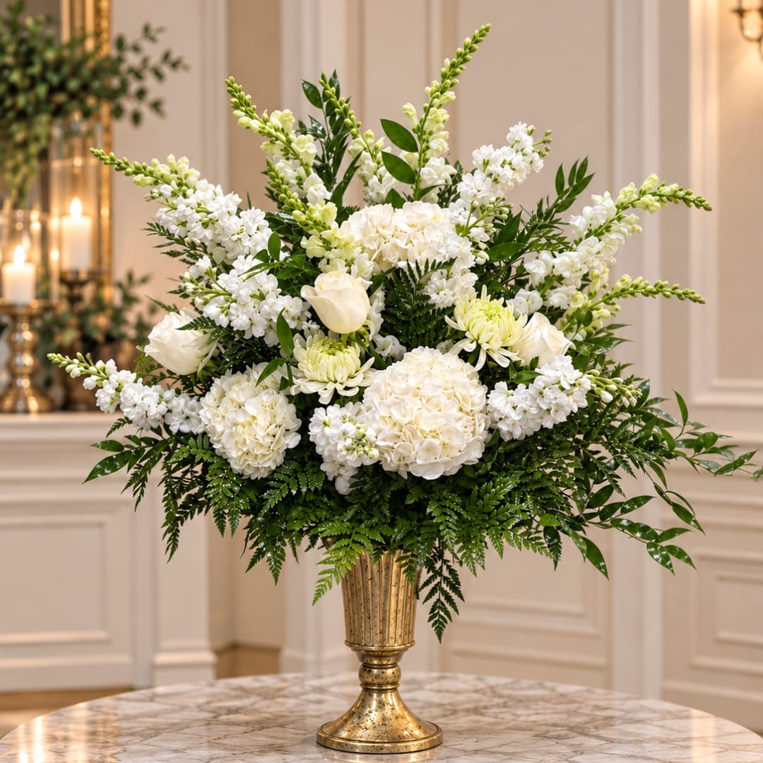 White floral arrangement in a gold vase with greenery