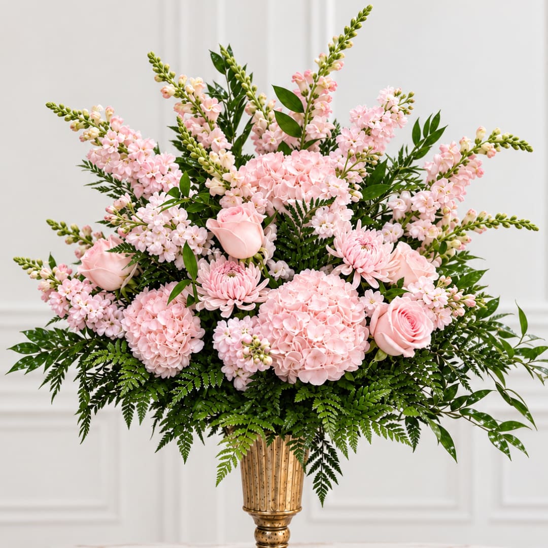 Pink floral arrangement in a gold vase with roses and hydrangeas
