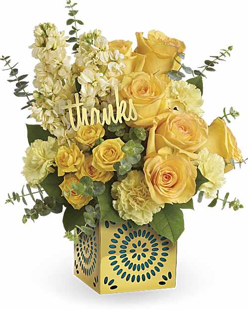 Yellow roses and cream flowers in a decorative box with a "thanks" sign