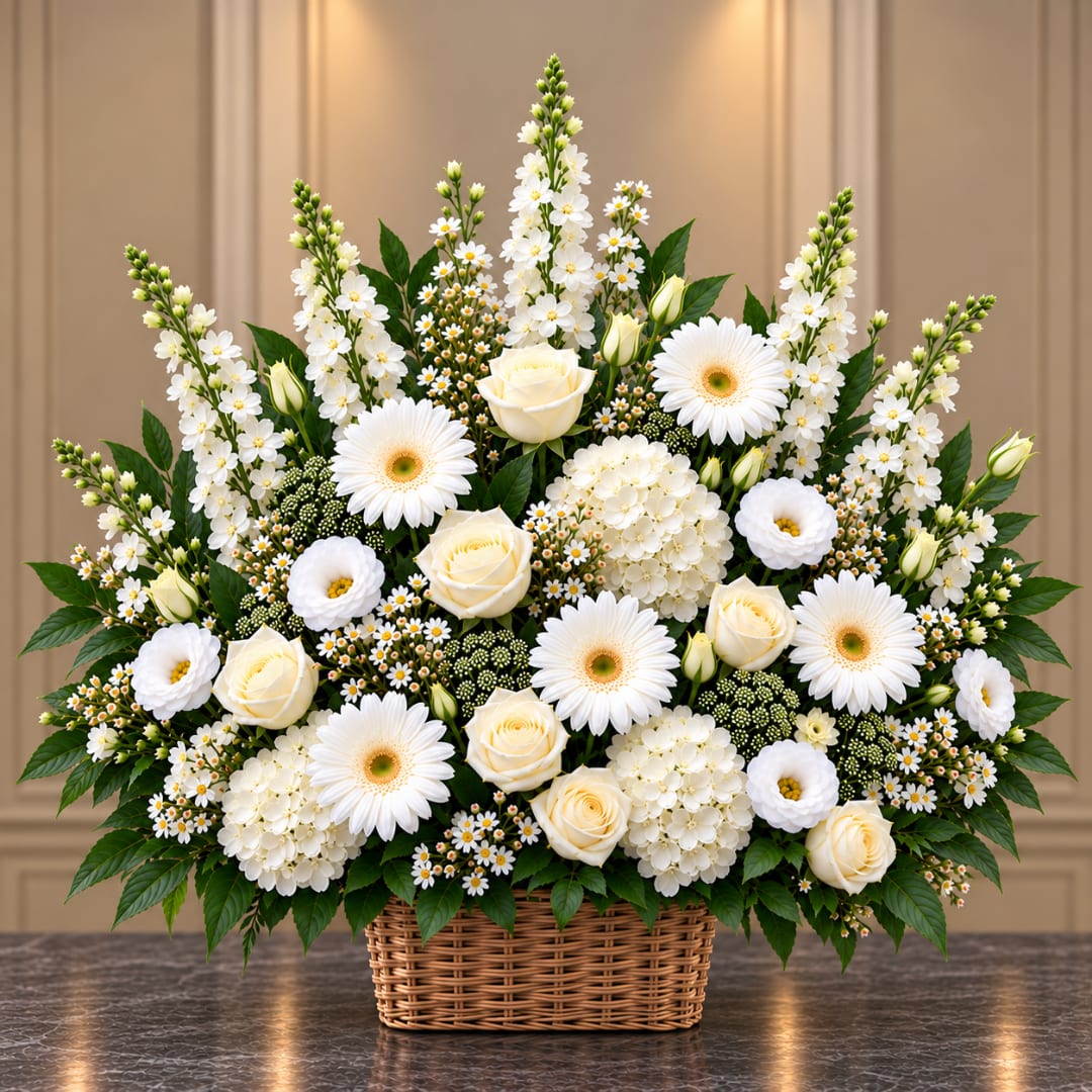 White floral arrangement in a wicker basket with roses and daisies