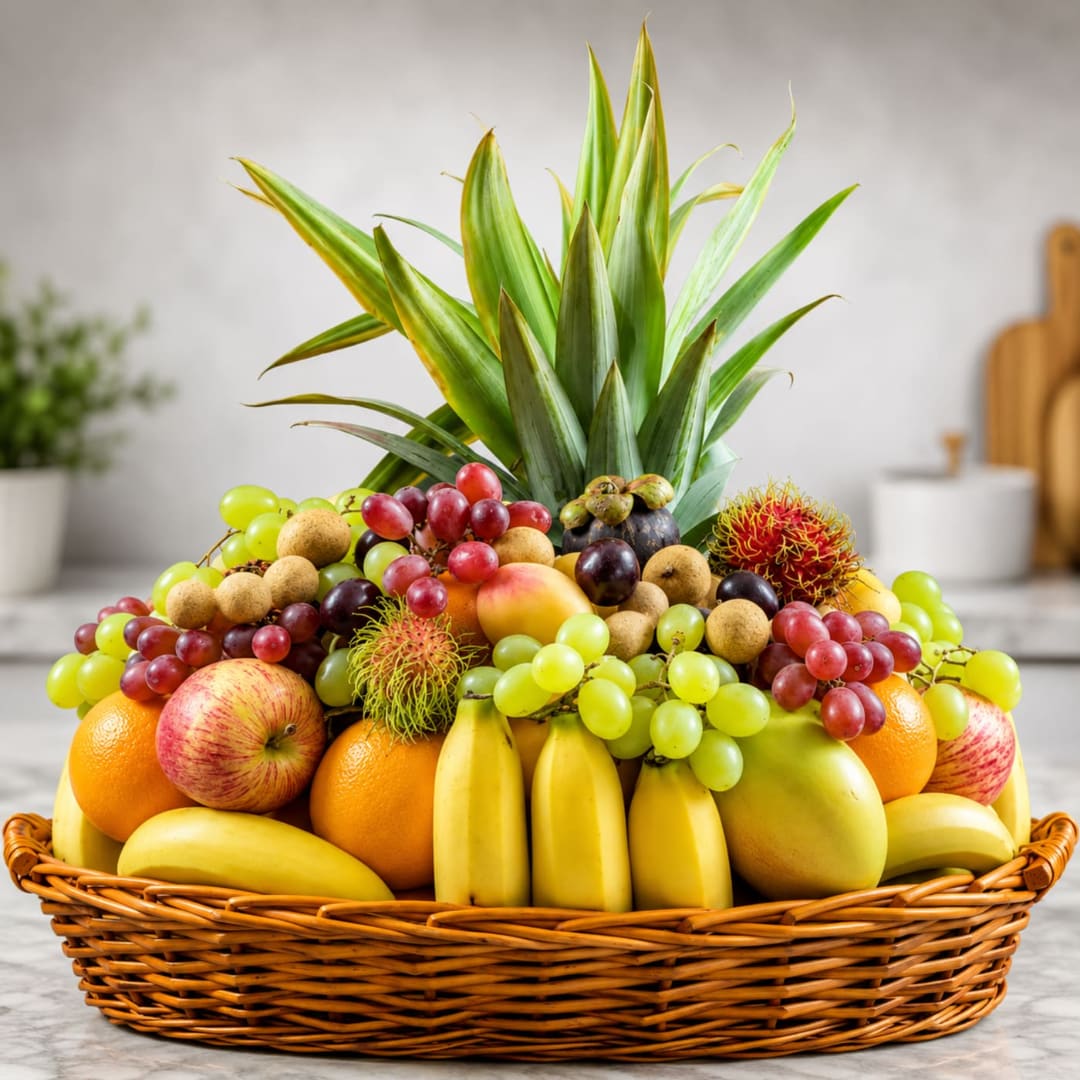 Fruit basket with grapes, bananas, apples, oranges, and a pineapple top