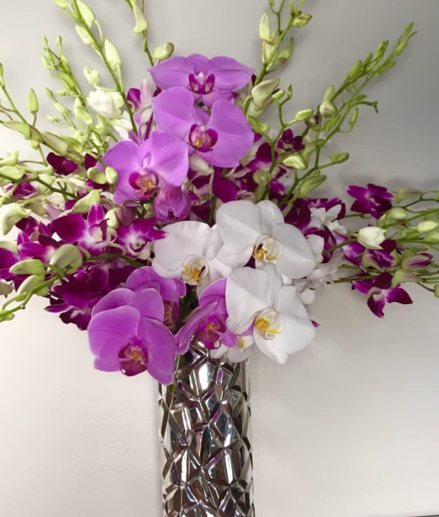 Purple and white orchids arranged in a tall silver vase.