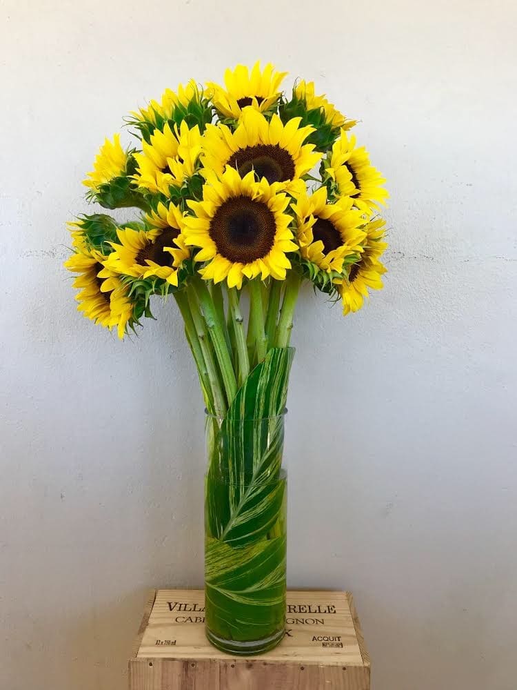 Bouquet of yellow sunflowers in a tall glass vase