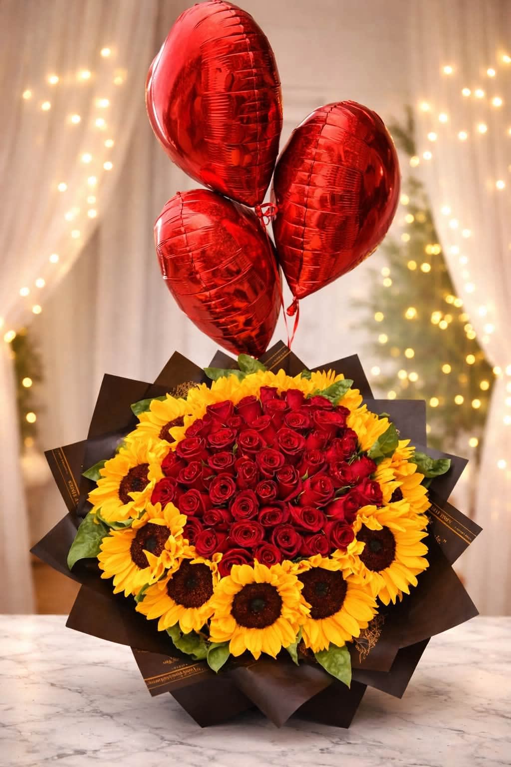 Bouquet of red roses and yellow sunflowers with red heart balloons