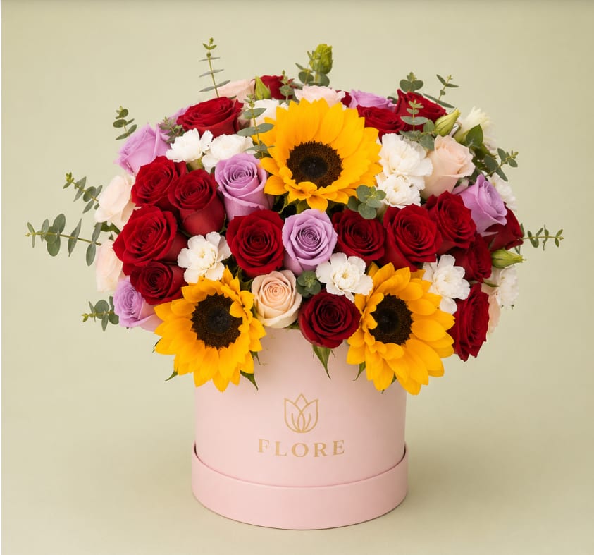 Mixed bouquet of roses and sunflowers in a pink hat box