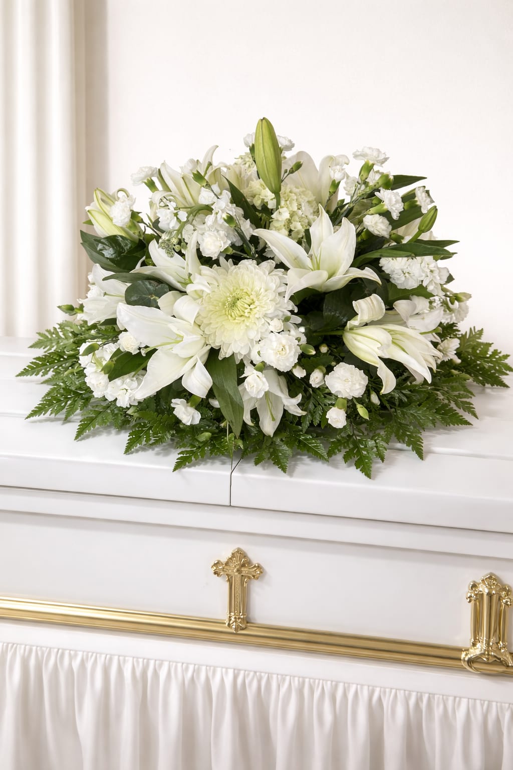 White Funeral Flower Arrangemente - Elegant, fresh, and full of peaceful beauty, this all-white arrangement features stunning lilies, delicate carnations, and soft seasonal blooms, thoughtfully designed with lush greenery in a modern container.  The crisp white tones symbolize purity, comfort, and grace, creating a soothing and sophisticated presence. Perfect for sympathy, meaningful gestures, or simply bringing calm and elegance into any space.  A timeless design that speaks with quiet beauty and heartfelt emotion.